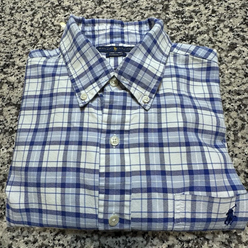 Polo Ralph Lauren Mens Short Sleeve Shirt‎ Sz Large Oxford Plaid Blue Flesh Pony